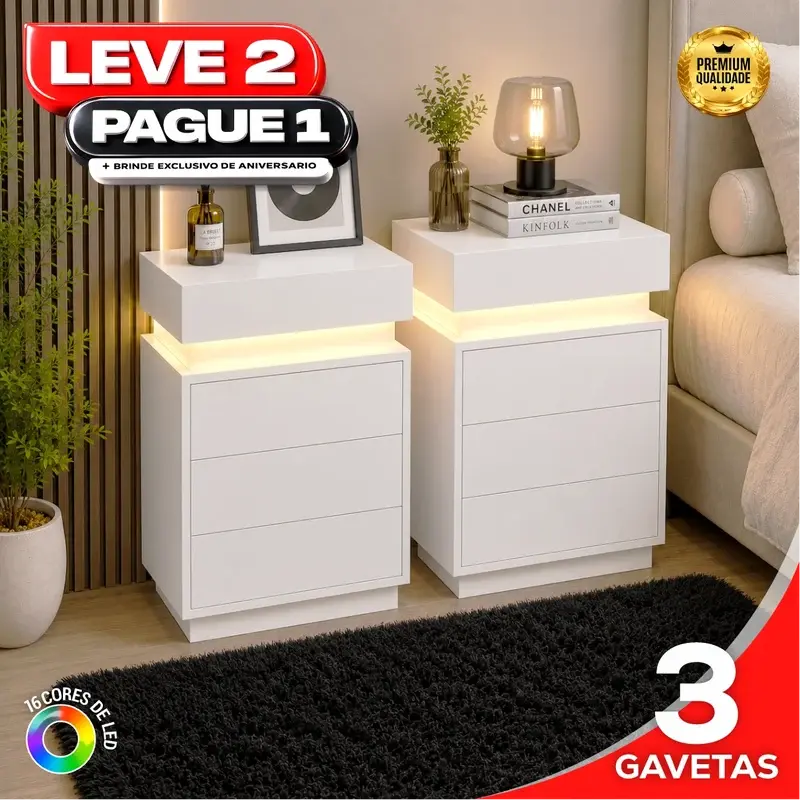 Kit de gaveteiros LED — Branco — 3 gavetas