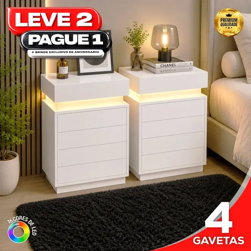 Kit de gaveteiros LED — Branco — 4 gavetas