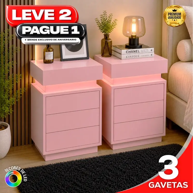 Kit de gaveteiros LED — Rosa — 3 gavetas