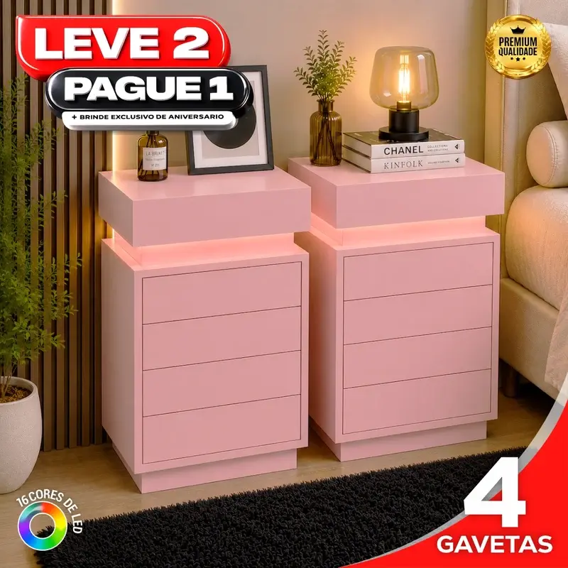Kit de gaveteiros LED — Rosa — 4 gavetas
